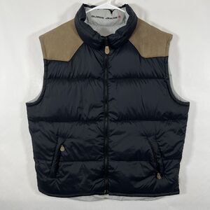 Guess Jeans Full Zip Down Filled Puffer Vest Mens Size XXL 2XL Navy Brown Suede
